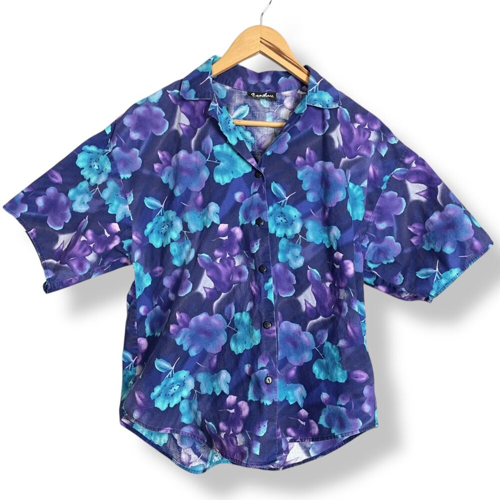 Vintage Floral Shirt Floral Eclectic Print Short Sleeve Women Vibrant Top Purple